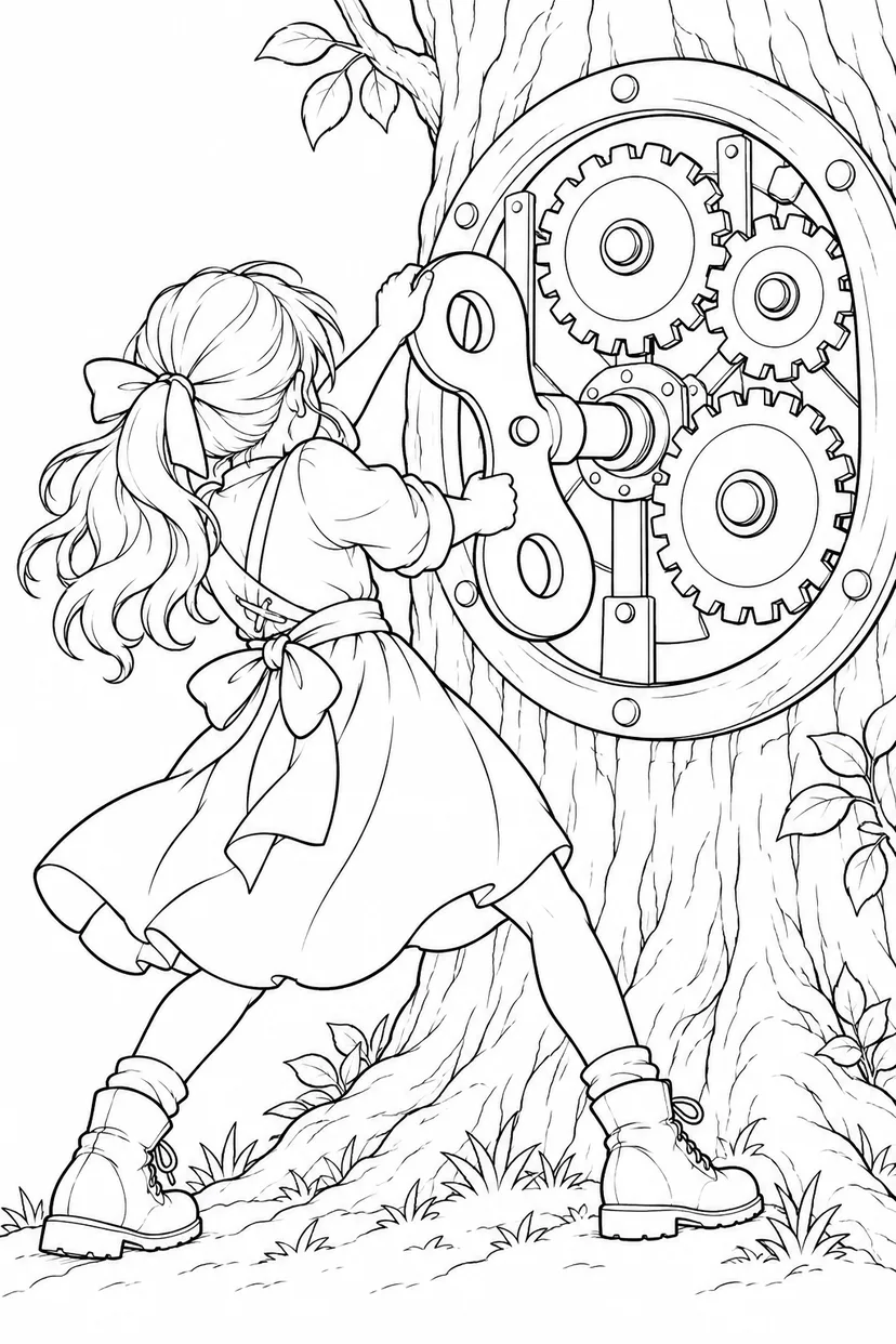 森の大時計を巻く少女の塗り絵