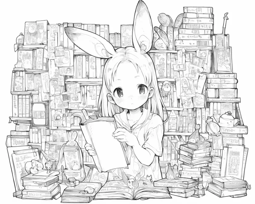 うさぎ耳の少女と本の世界の塗り絵