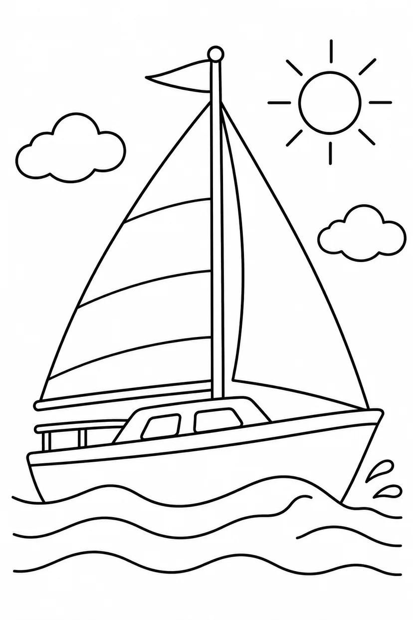 ヨットと海の波の塗り絵