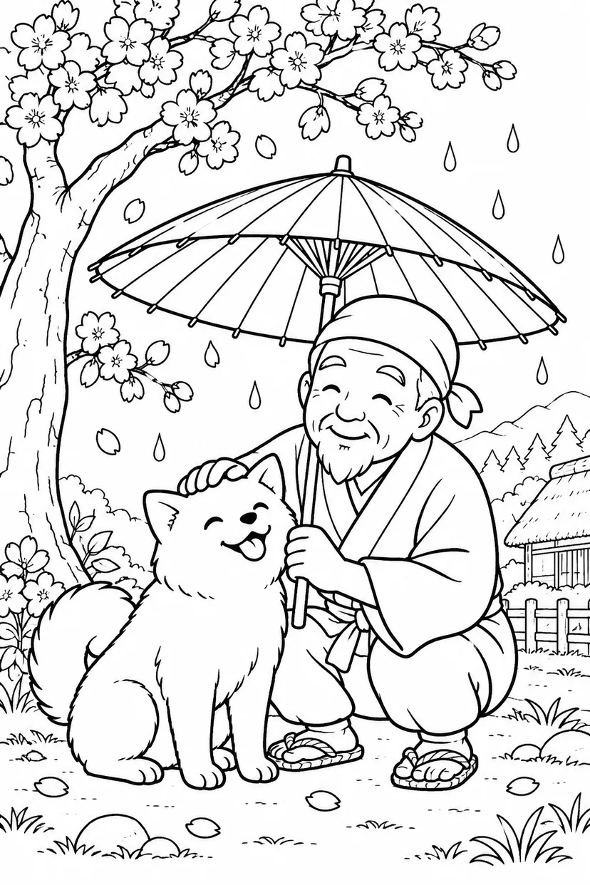 はなさかおじさん：白い犬と相合い和傘（ほっこり）の塗り絵