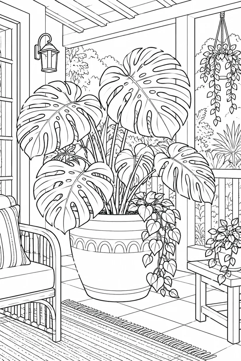 自然のひとこま：モンステラの切れ込みのある葉の塗り絵