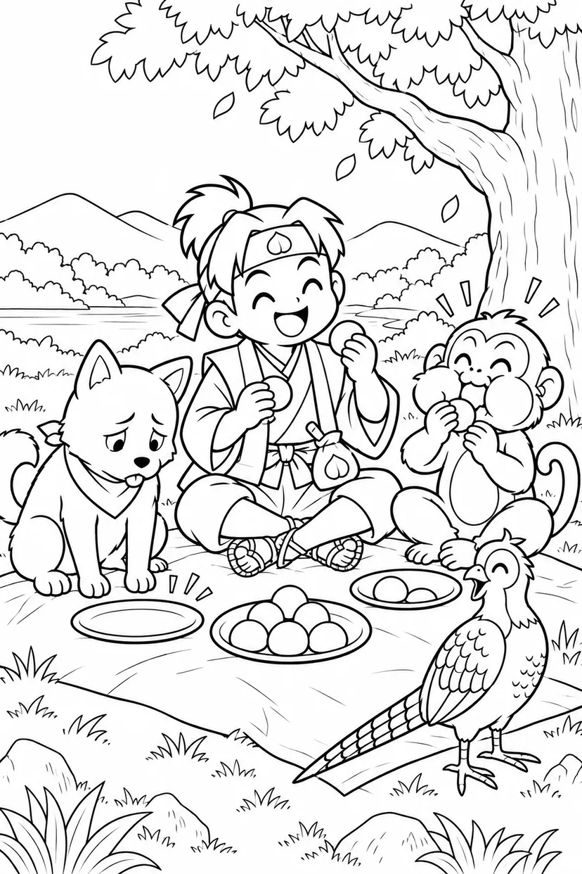 ギャグ桃太郎：桃太郎一行のお弁当休憩の塗り絵