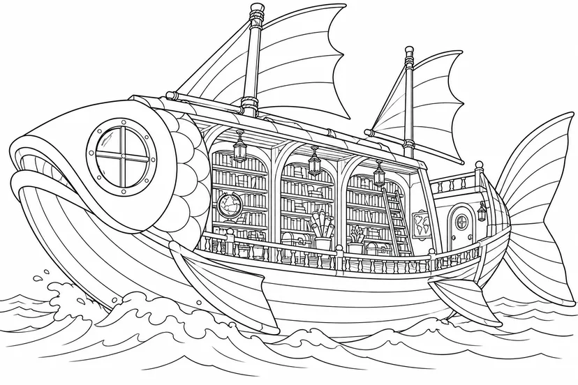 魚の形の図書船の塗り絵