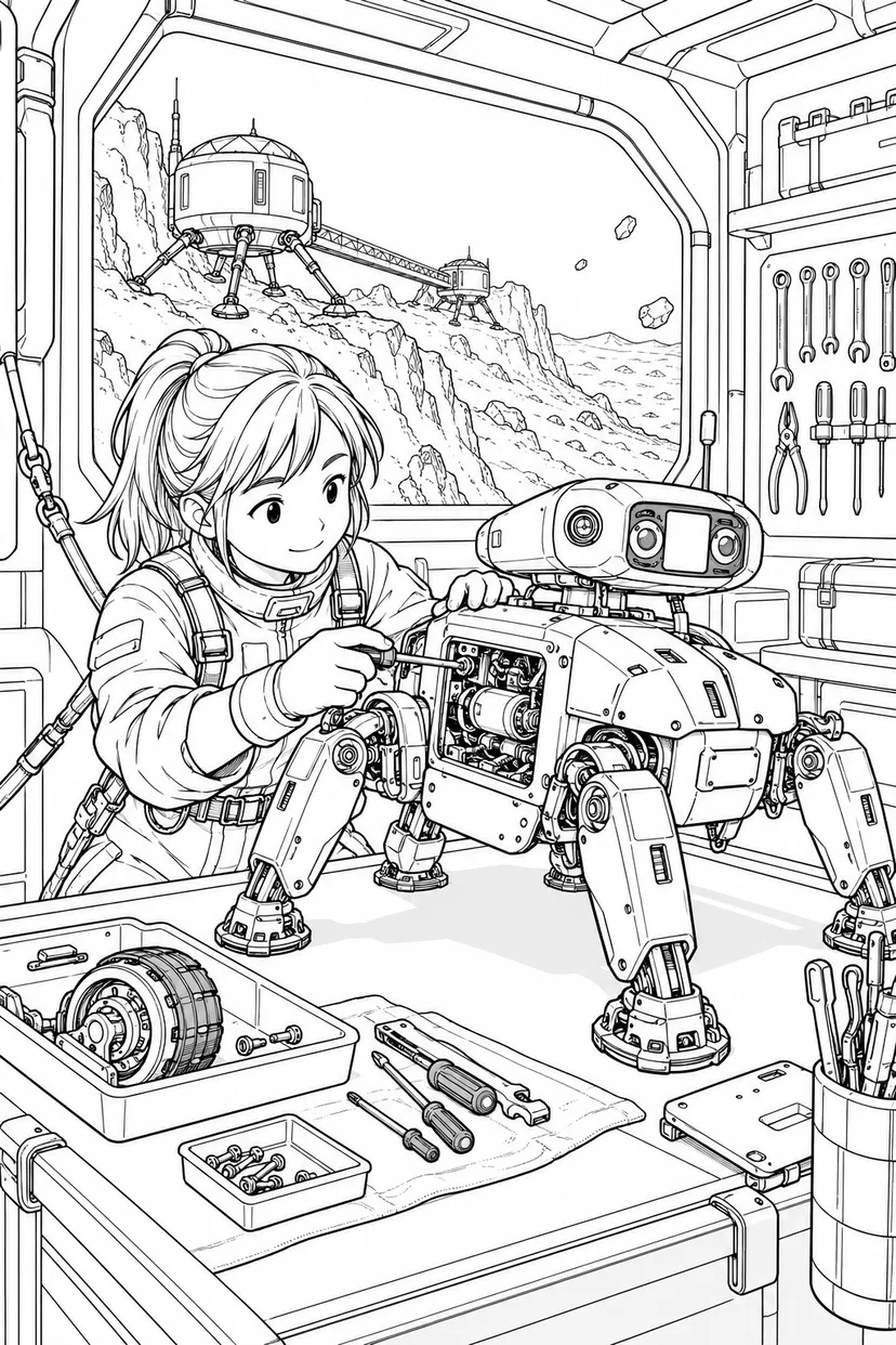 小惑星の岩山基地：ロボットの整備工房の塗り絵