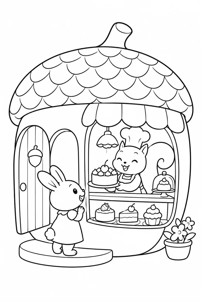 どんぐり型のケーキ屋さんの塗り絵