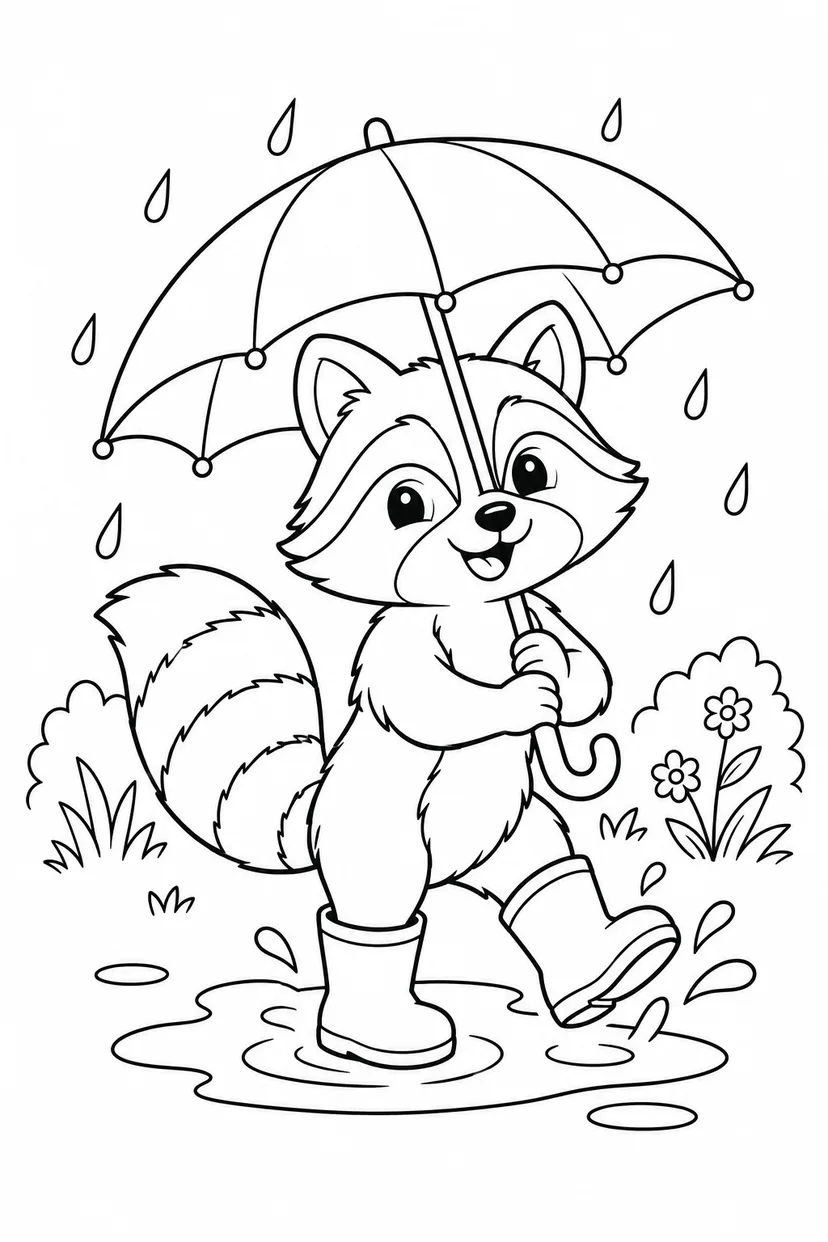 アライグマの雨の日さんぽの塗り絵