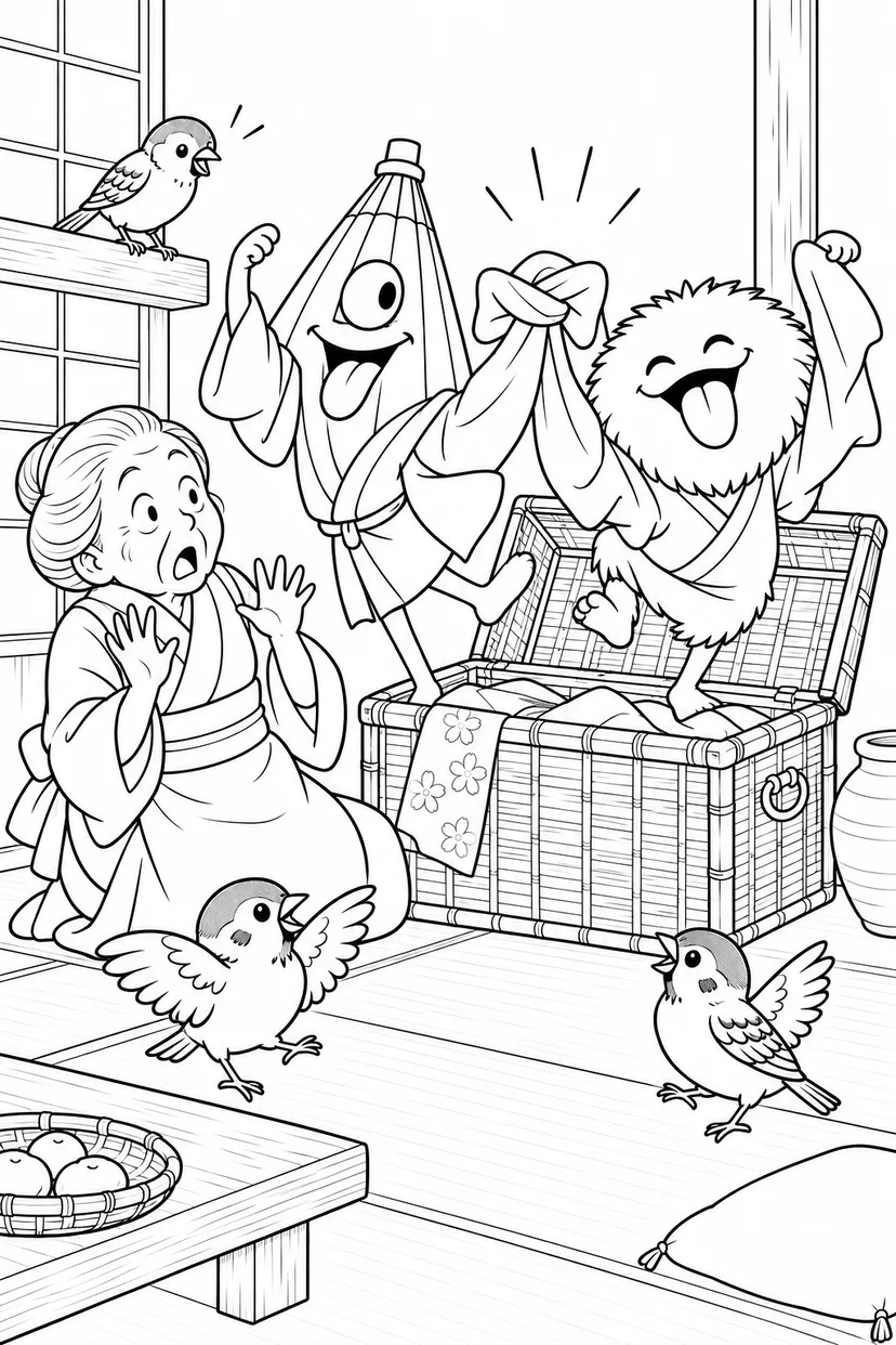 したきりすずめ：おばけの登場で大こんがらがりの塗り絵
