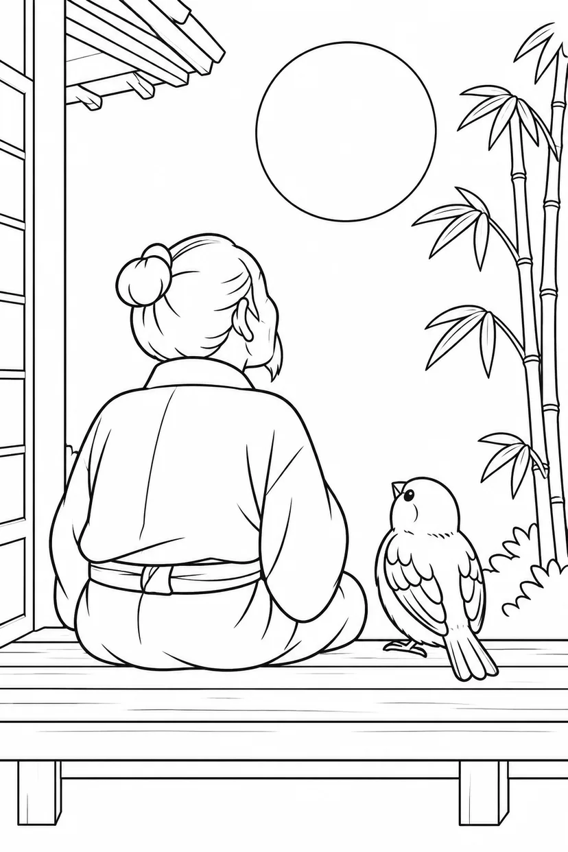 したきりすずめ：月をながめるすずめとおじいさんの塗り絵