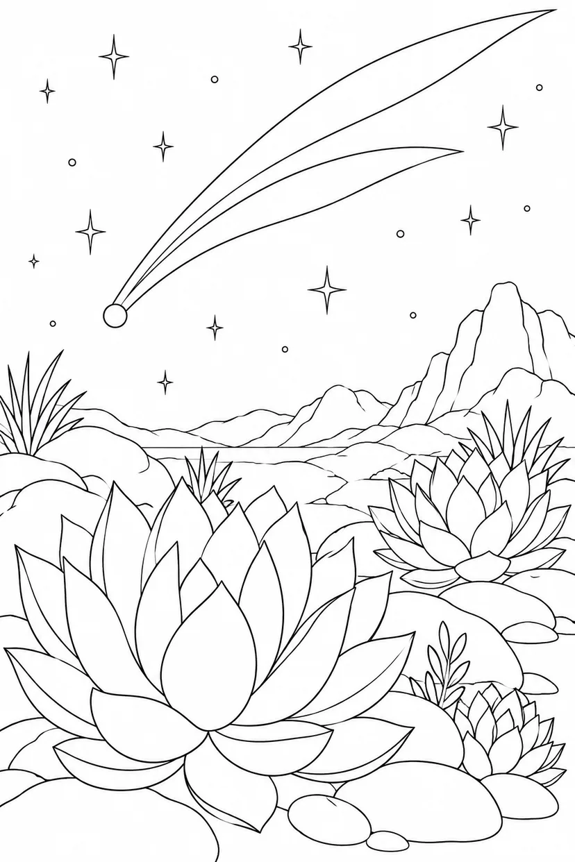 多肉植物の岩庭と尾をひく彗星の塗り絵