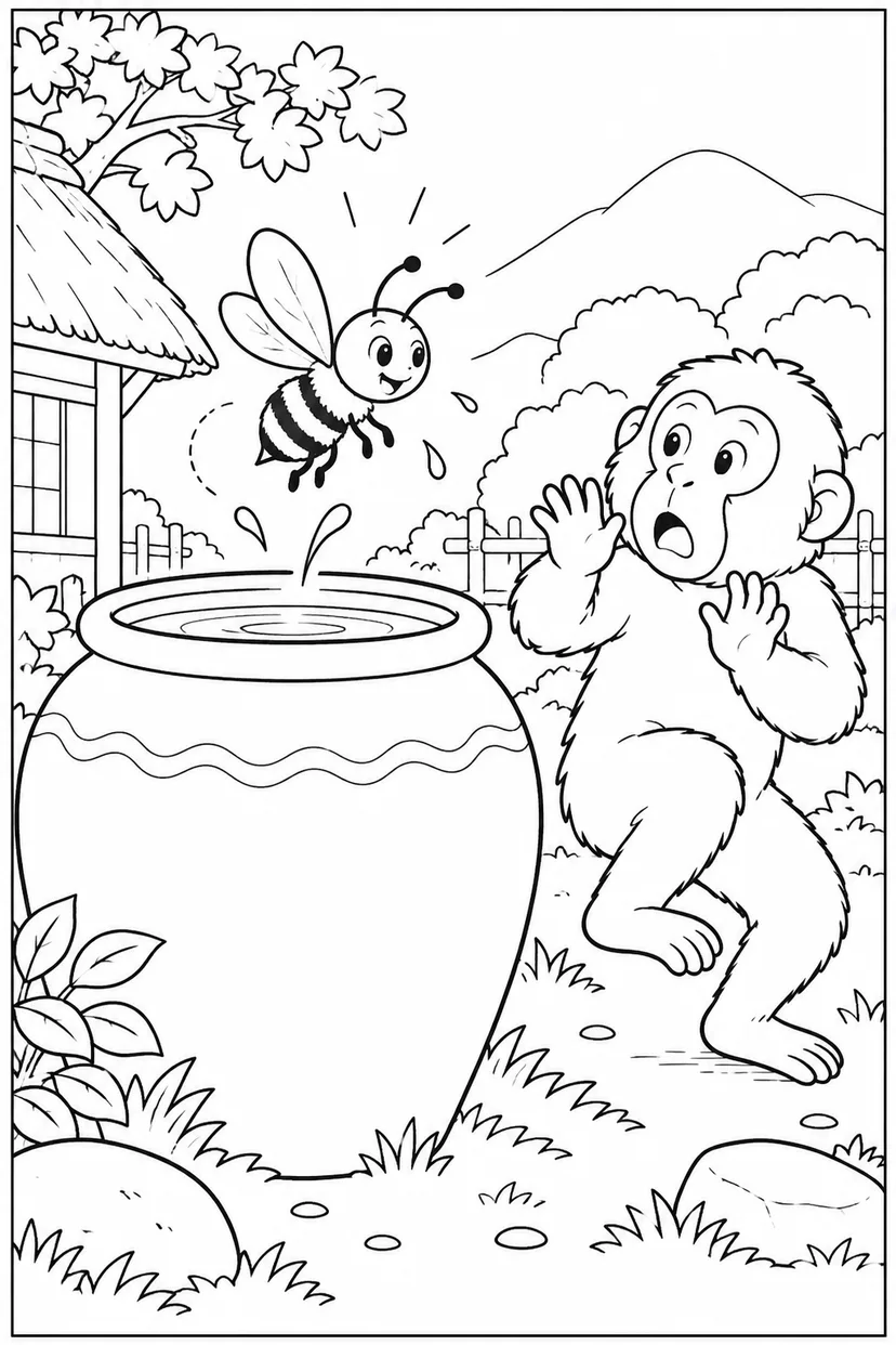 さるかに合戦 ほっこり：水がめから現れる蜂