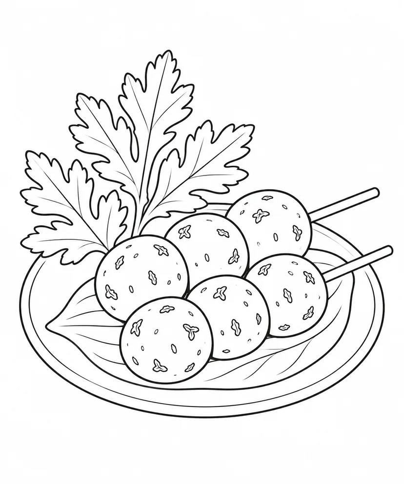 Desenho de Dango de artemísia (bolinhos de arroz) e folhas para colorir