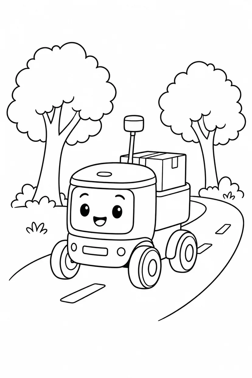 小型配送ロボットと森の道の塗り絵