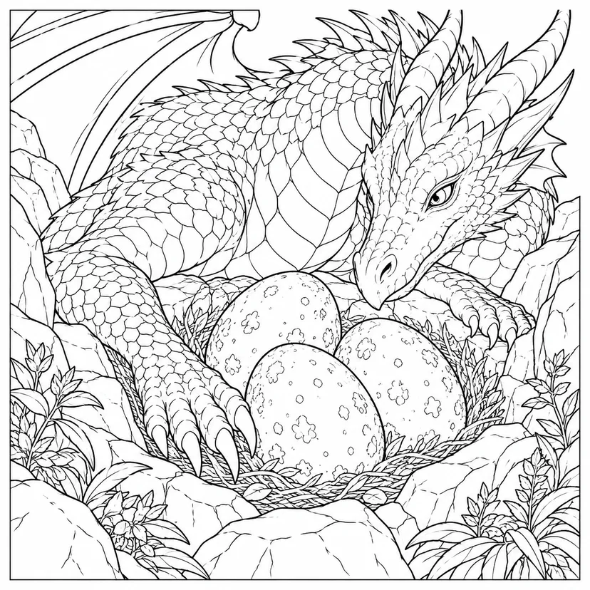 Coloriage Dragon gardant des œufs dans un creux rocheux