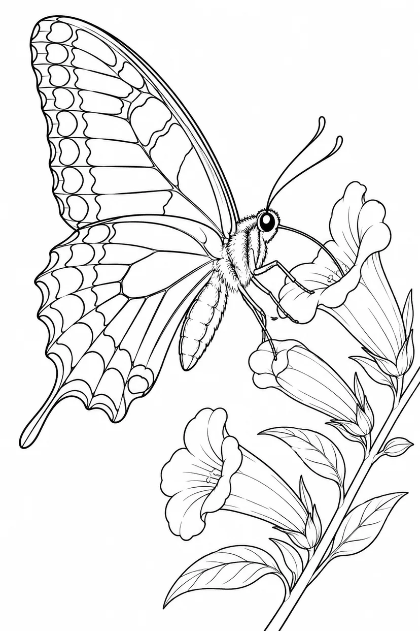 花を訪れる長い口の蝶の塗り絵