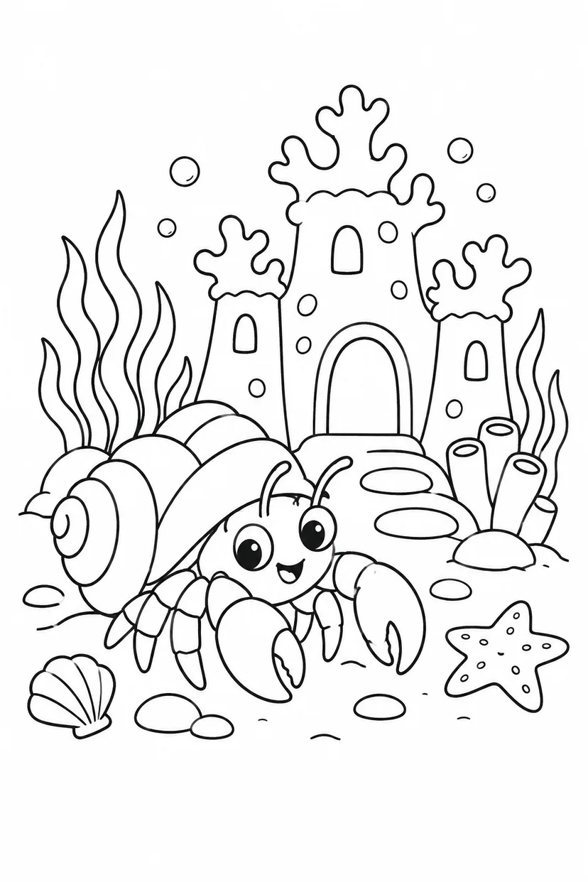 ヤドカリとサンゴのお城の塗り絵