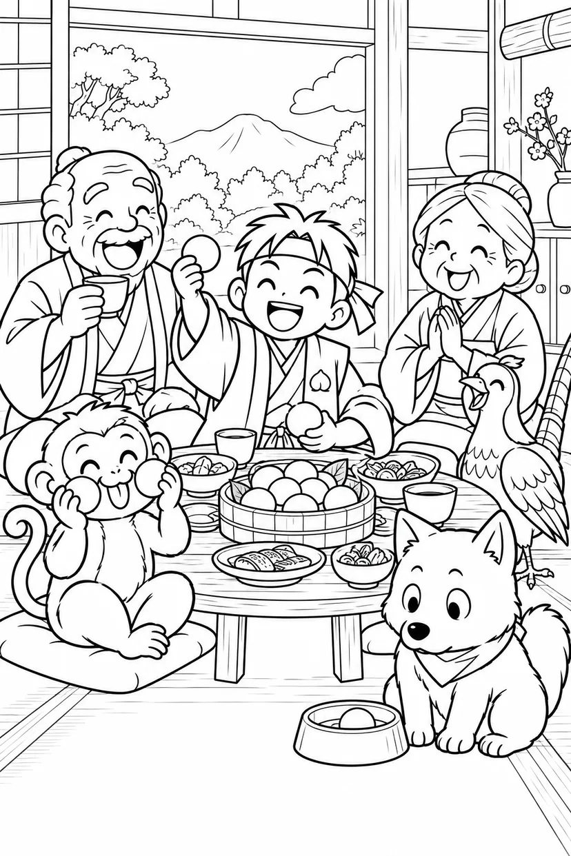 ギャグ桃太郎：桃太郎とみんなの祝い膳の塗り絵