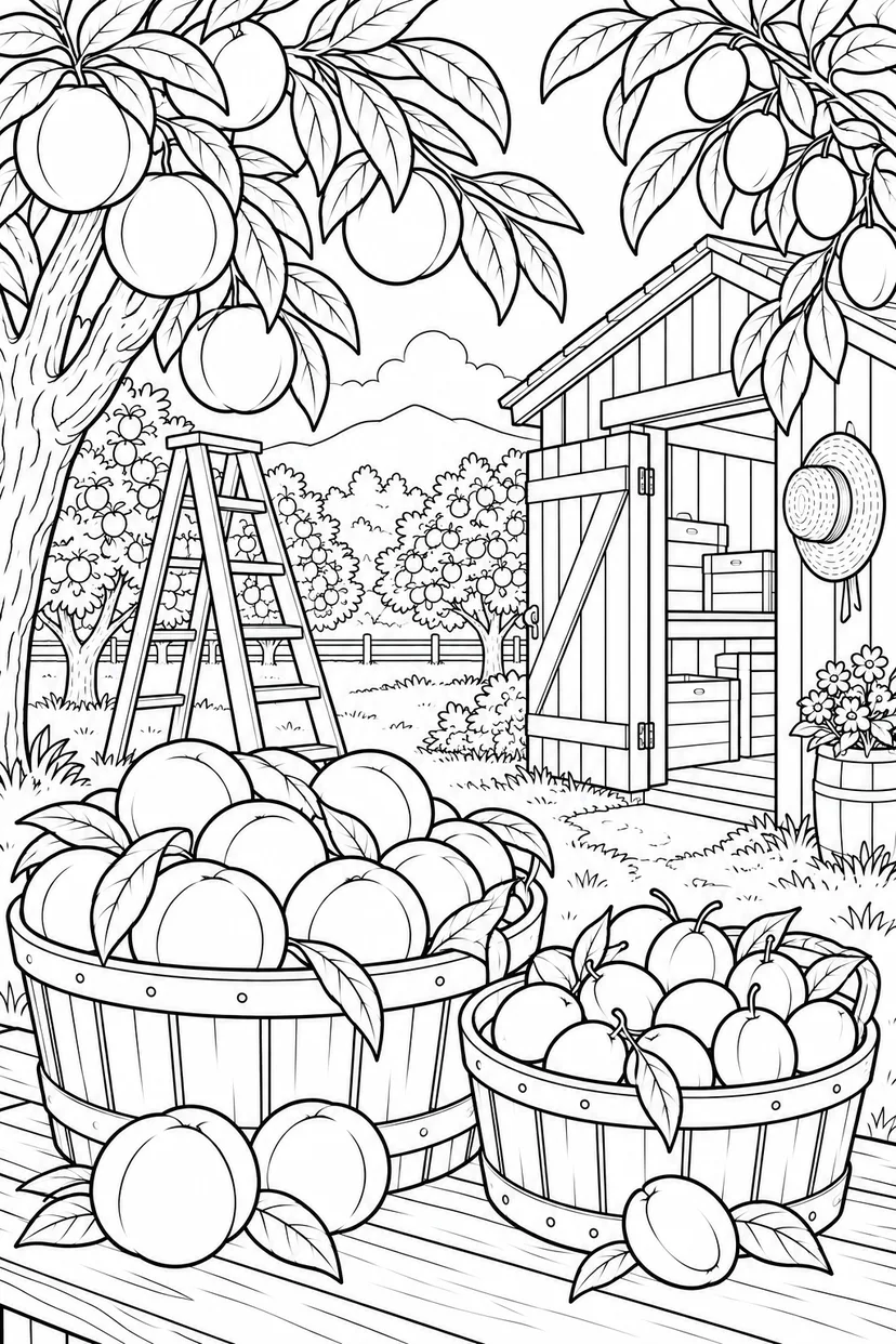 夏の果樹園の作業小屋の塗り絵