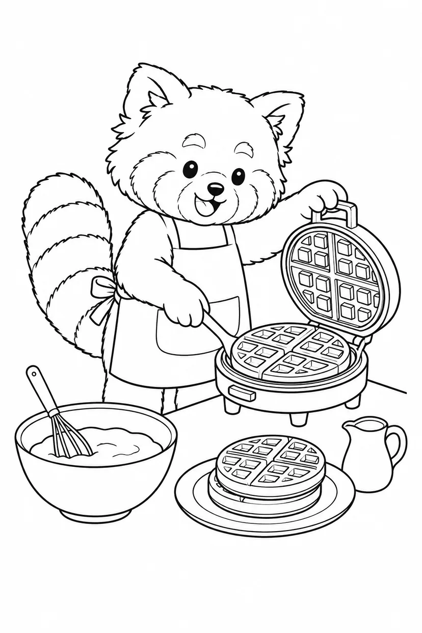ワッフルを焼くレッサーパンダの塗り絵