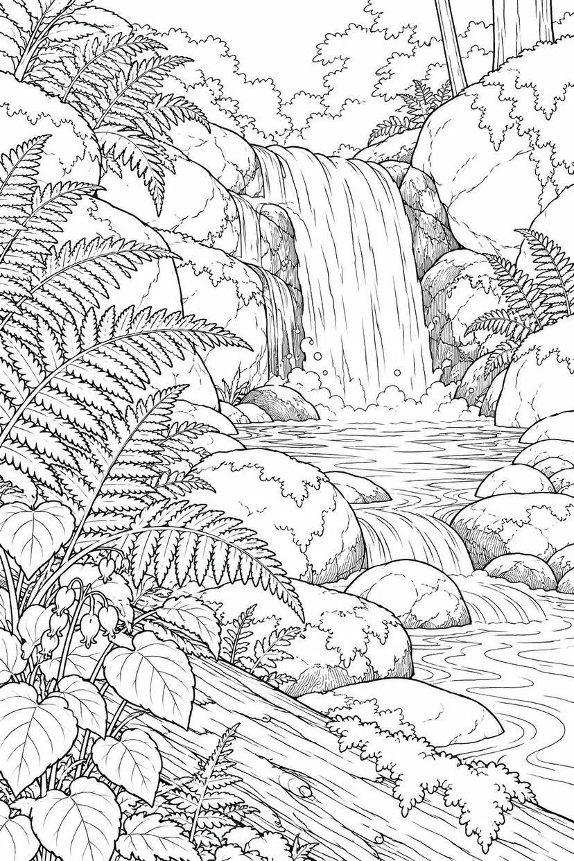 観察スケッチ：シダに囲まれた小さな滝の塗り絵