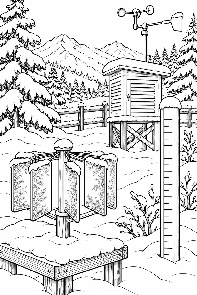 冬の気象観測の小さな基地の塗り絵