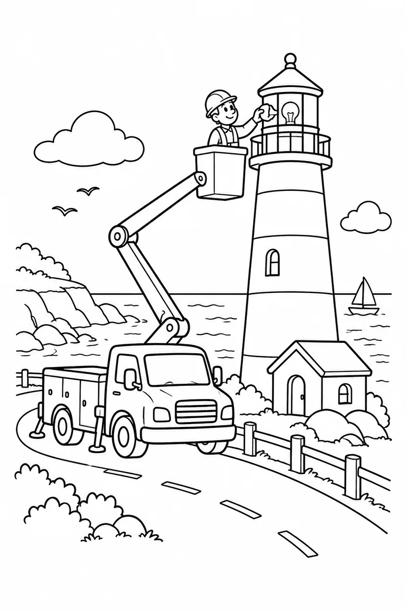 高所作業車と海沿いの道の塗り絵