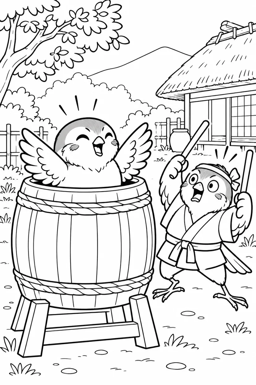 したきりすずめ：太鼓にすっぽりすずめさんの塗り絵