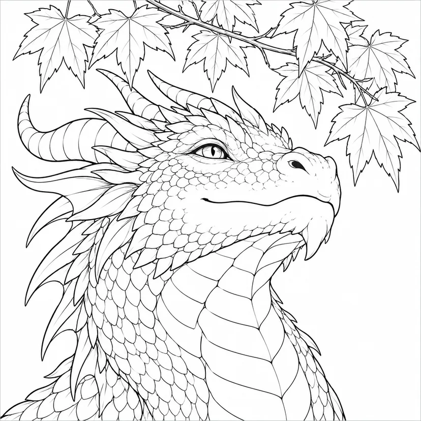 Dibujo de Dragón entrecerrando los ojos bajo hojas para colorear
