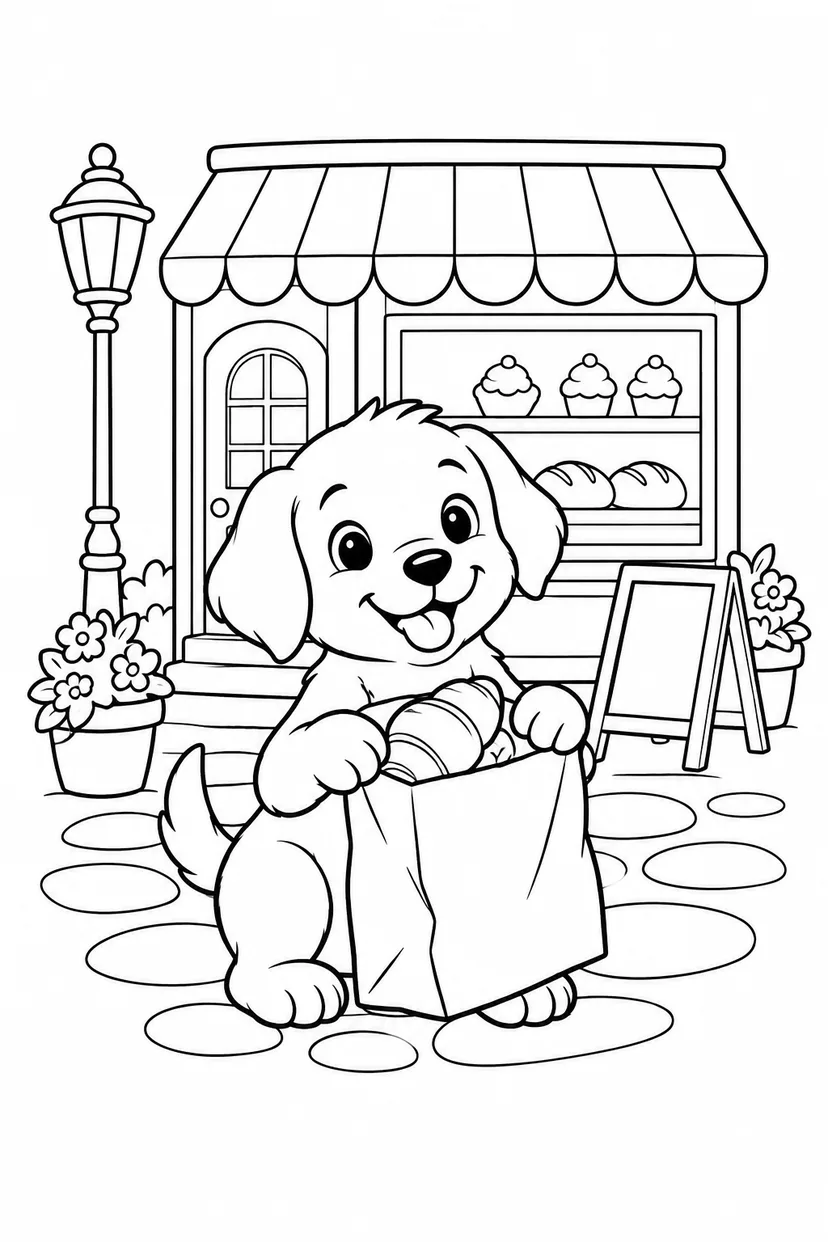 こいぬのパン屋さんのお買い物の塗り絵