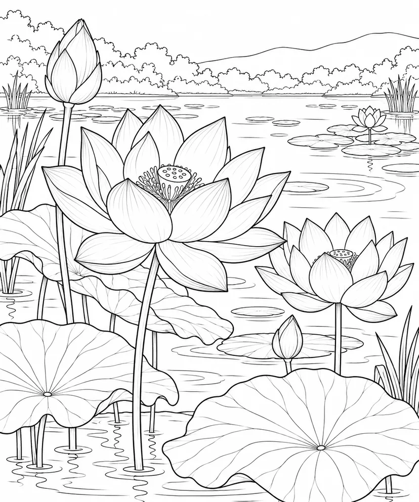 自然のひとこま：ハスの花と大きな葉の塗り絵