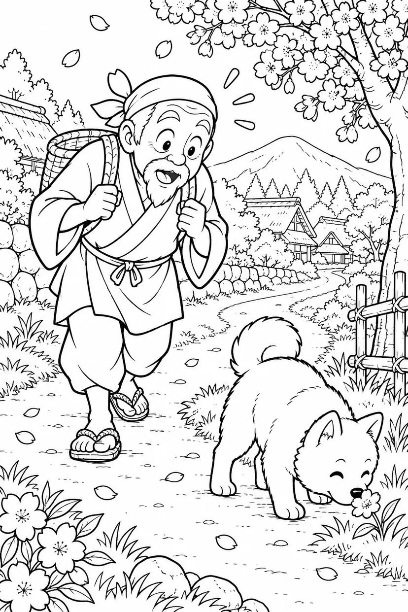 はなさかおじさん：白い犬は花のにおいに夢中（ギャグ）の塗り絵