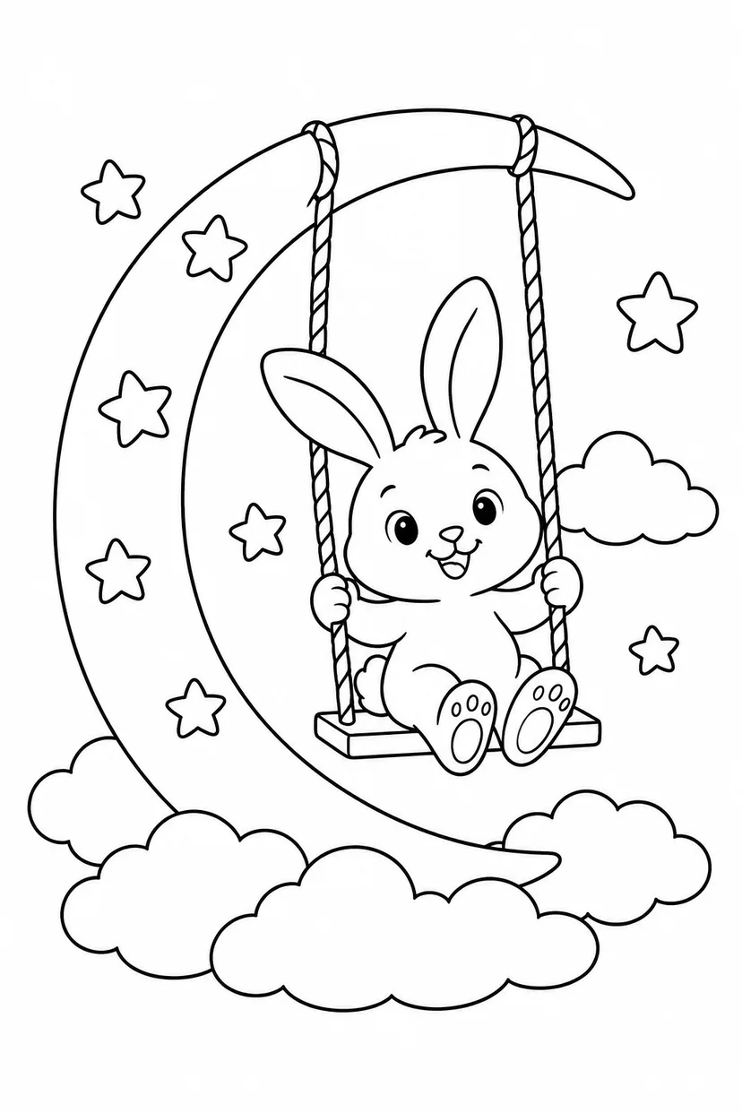 月のうさぎと星のブランコの塗り絵