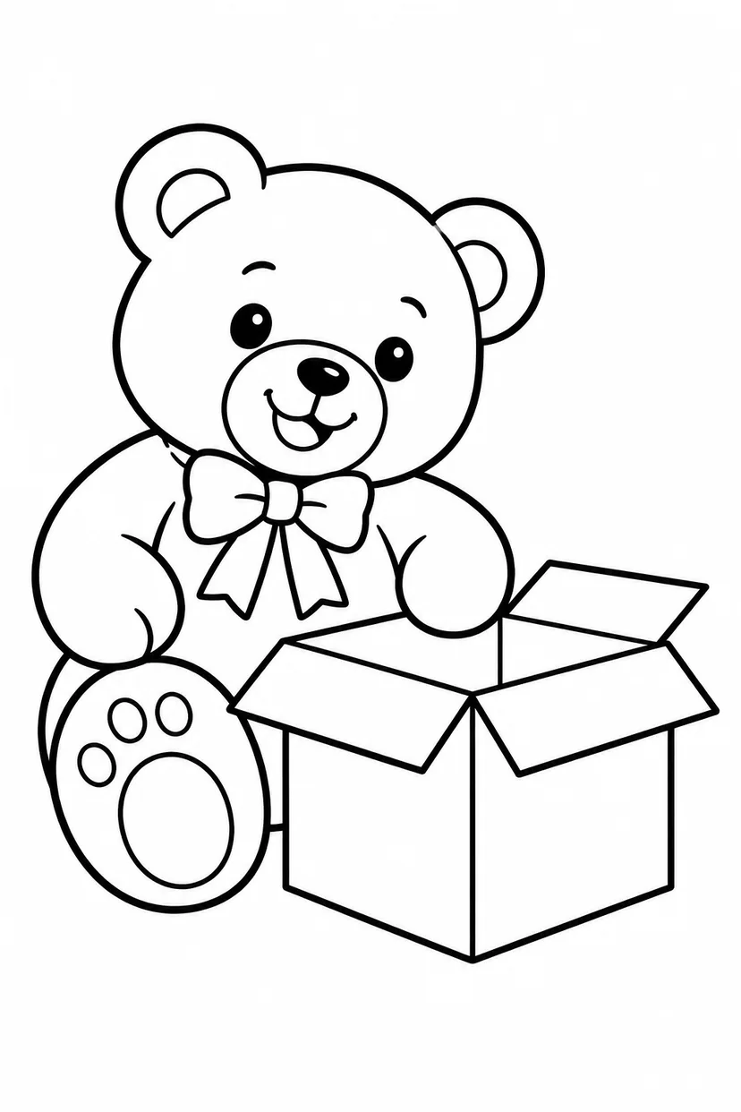 くまのぬいぐるみとプレゼント箱の塗り絵