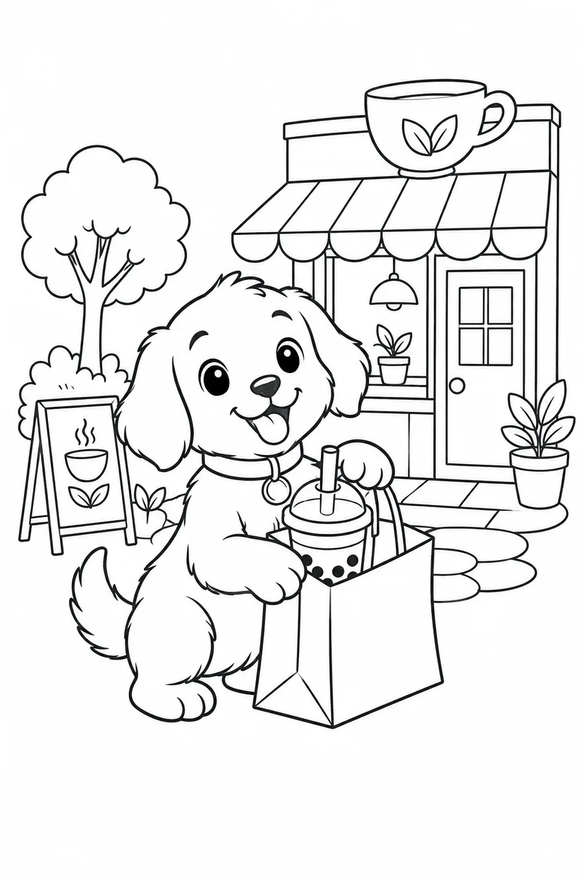 こいぬのお茶屋さんのお買い物の塗り絵