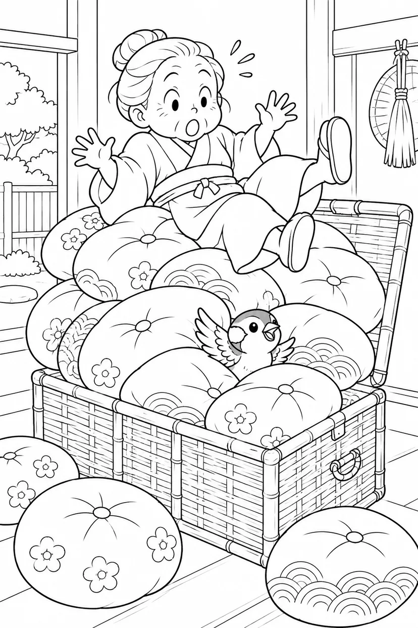 したきりすずめ：つづらの中は座布団だらけの塗り絵