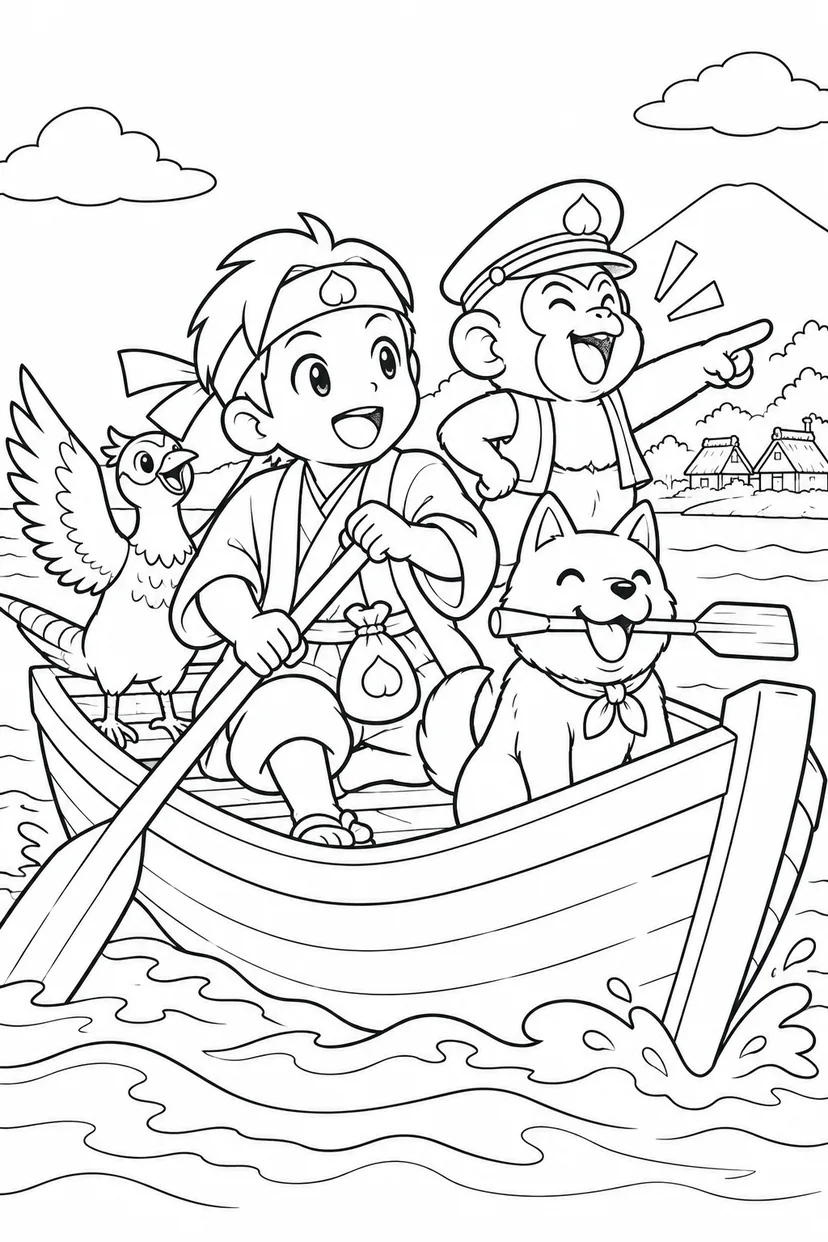 ギャグ桃太郎：桃太郎一行の船出の塗り絵