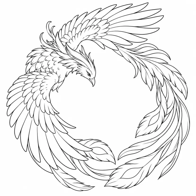 長い尾で輪を描く不死鳥の塗り絵