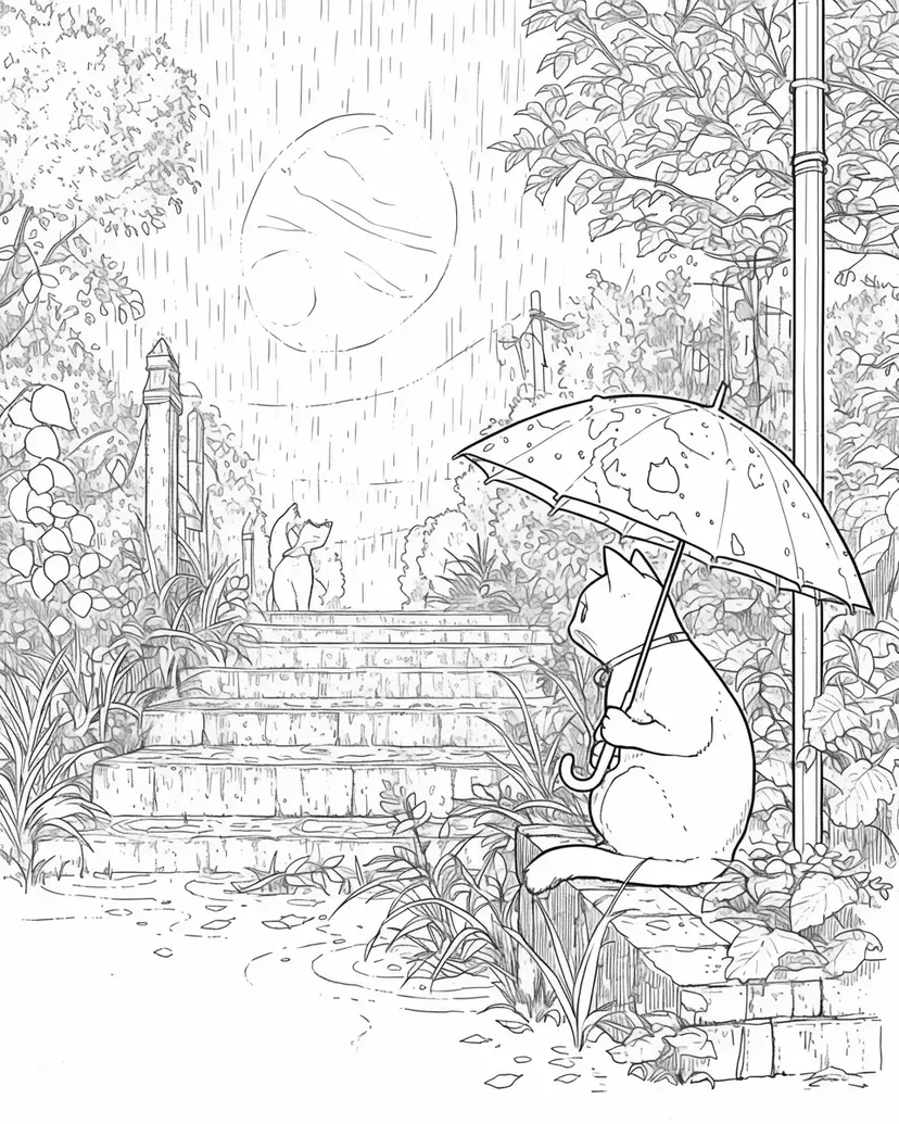 月夜の雨の塗り絵