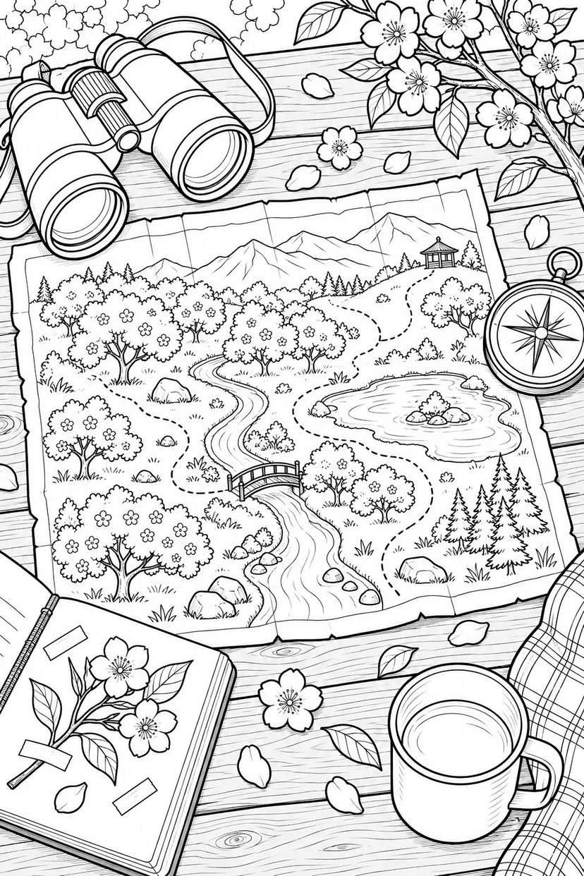 春の冒険の地図と道具の塗り絵