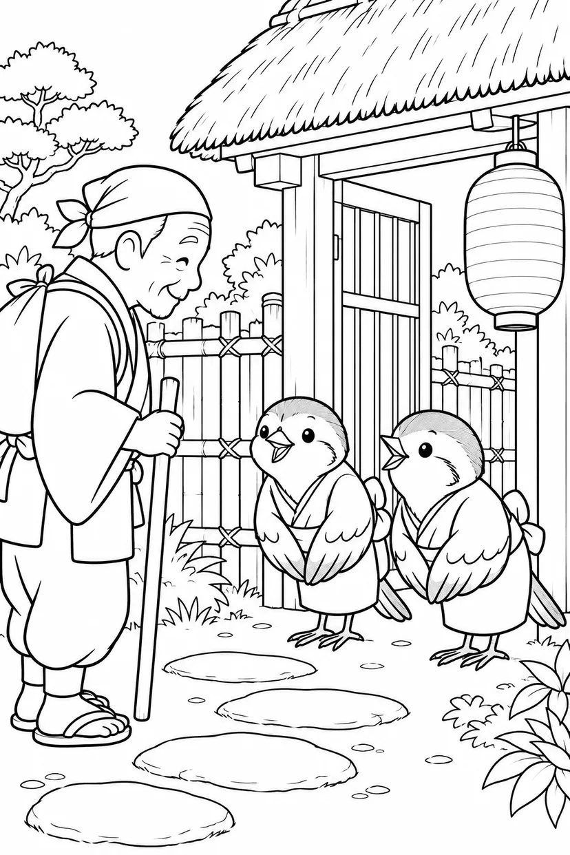 したきりすずめ：すずめのお宿へようこその塗り絵