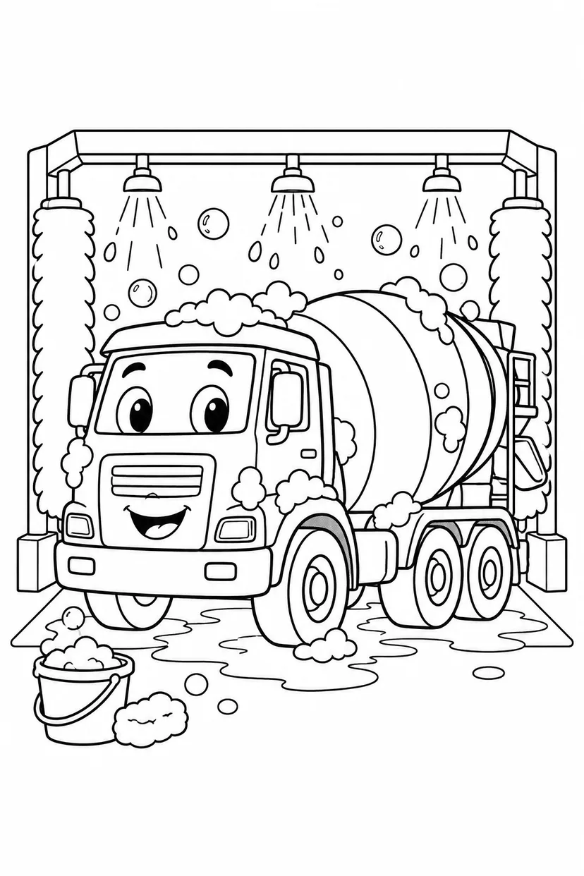 コンクリートミキサー車と洗車場の塗り絵