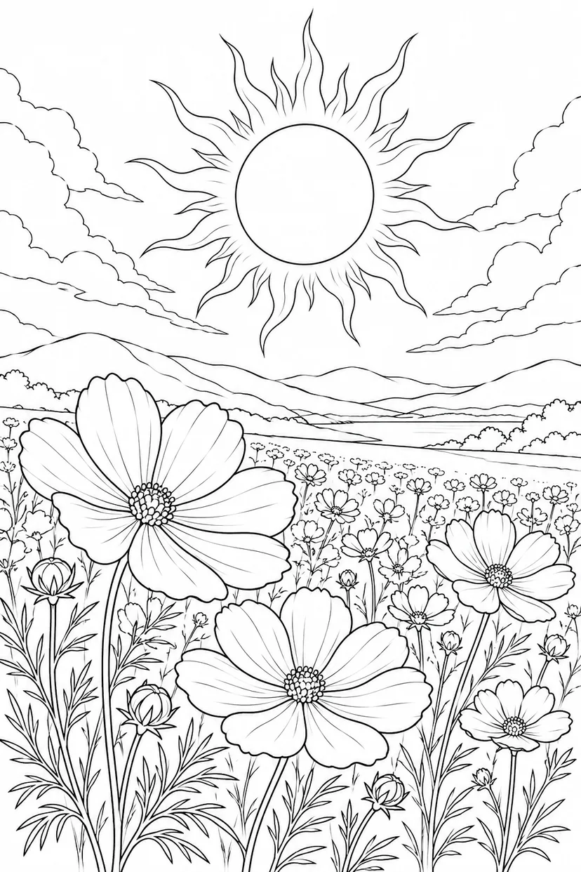 コスモスの花畑と日食の光の輪の塗り絵