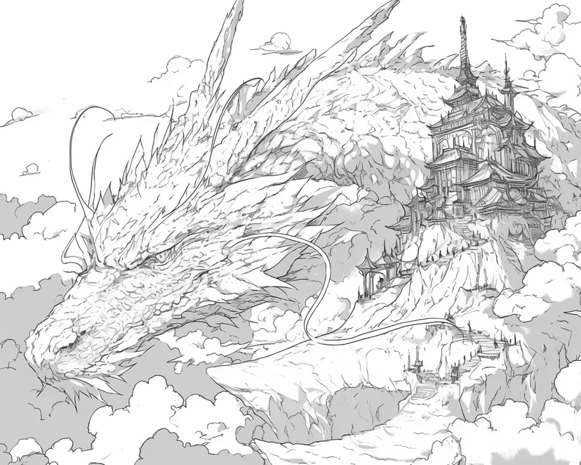 Dibujo de Dragón del Cielo y el Castillo Flotante para colorear