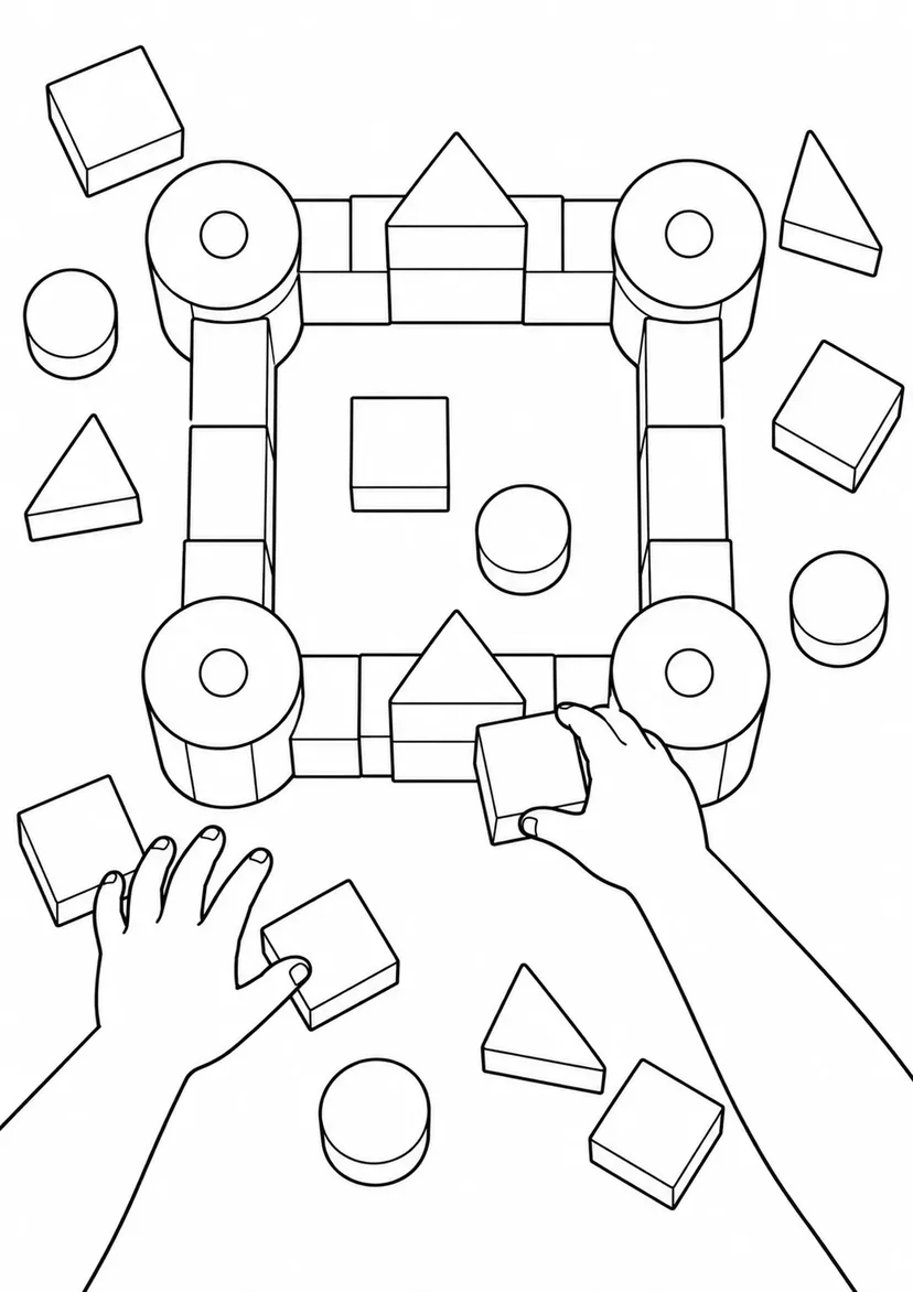 真上から見る積み木あそびの塗り絵