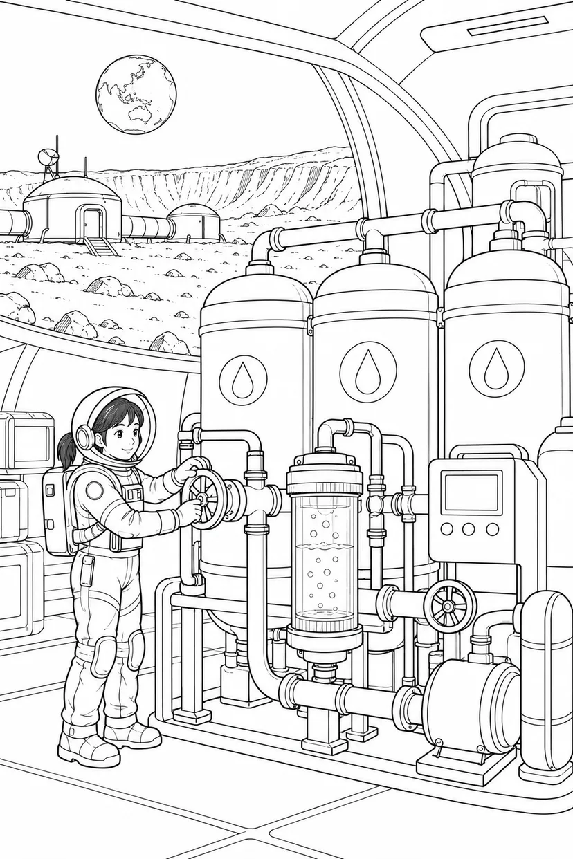 月のクレーター基地：水を循環させる装置の塗り絵