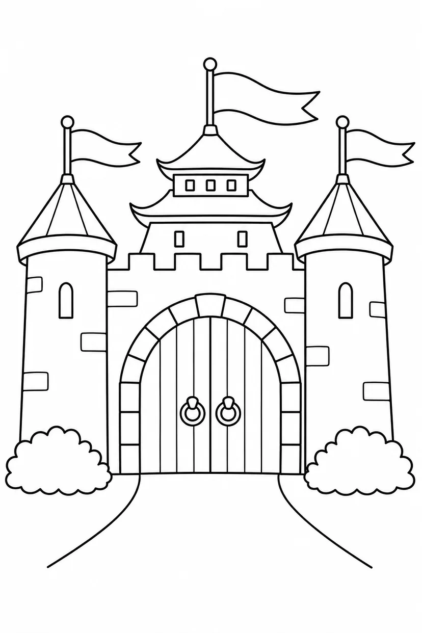 お城の門と旗の塗り絵