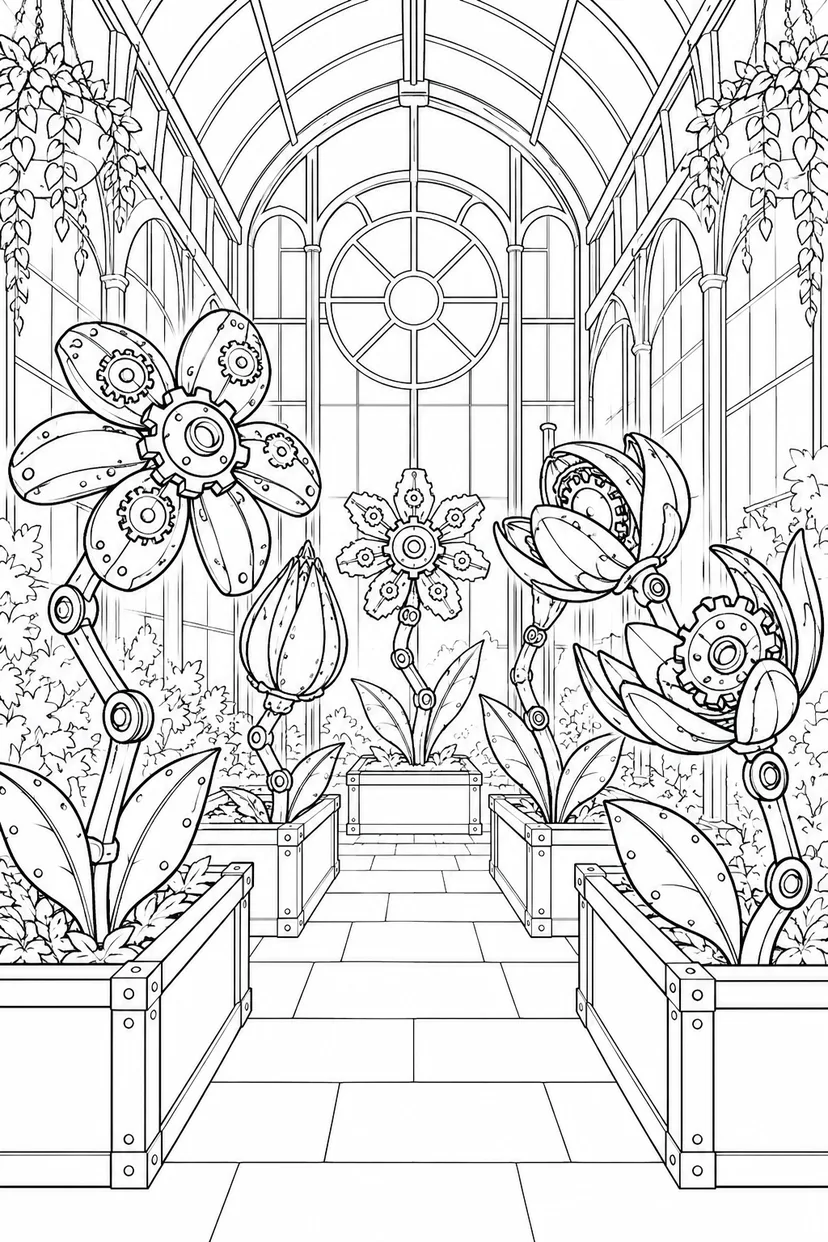 歯車の花が咲く温室の塗り絵