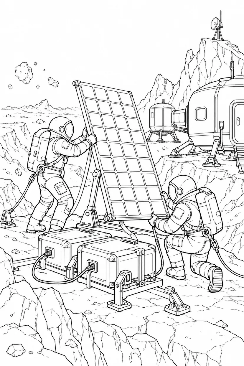 小惑星の岩山基地：太陽光パネルの設置の塗り絵
