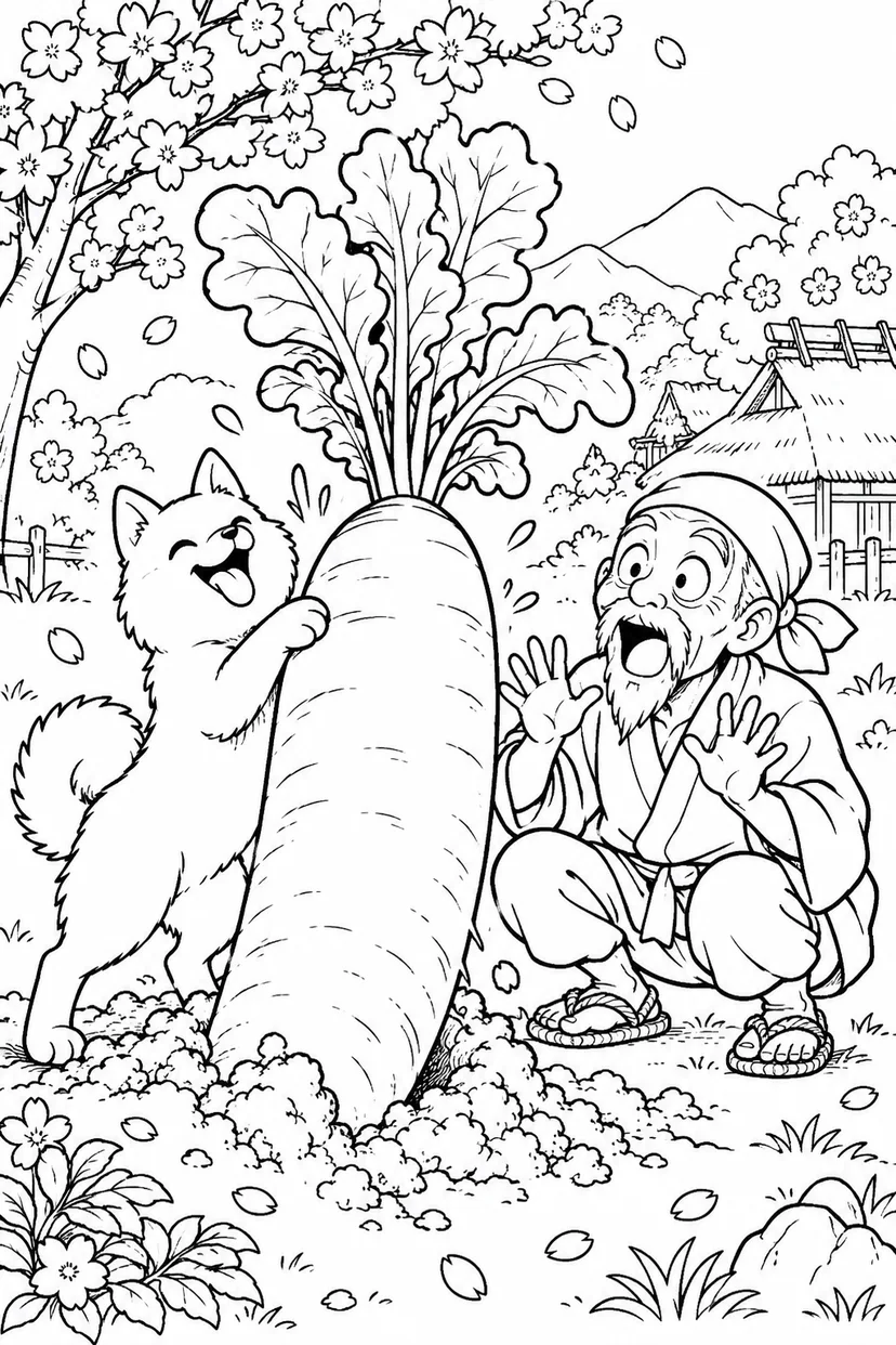 はなさかおじさん：掘り出したのは巨大だいこん（ギャグ）の塗り絵