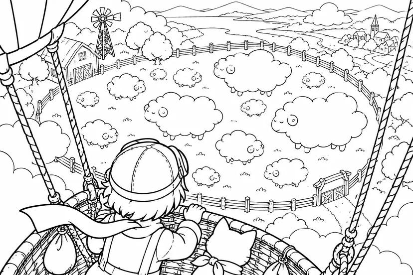 雲の牧場を見回る気球の塗り絵