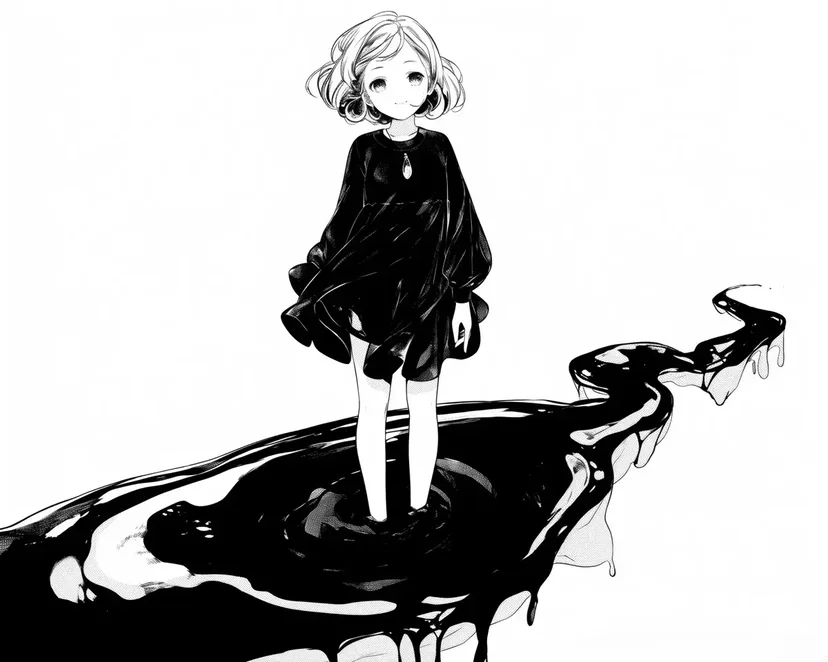 黒い液体の上の少女の塗り絵